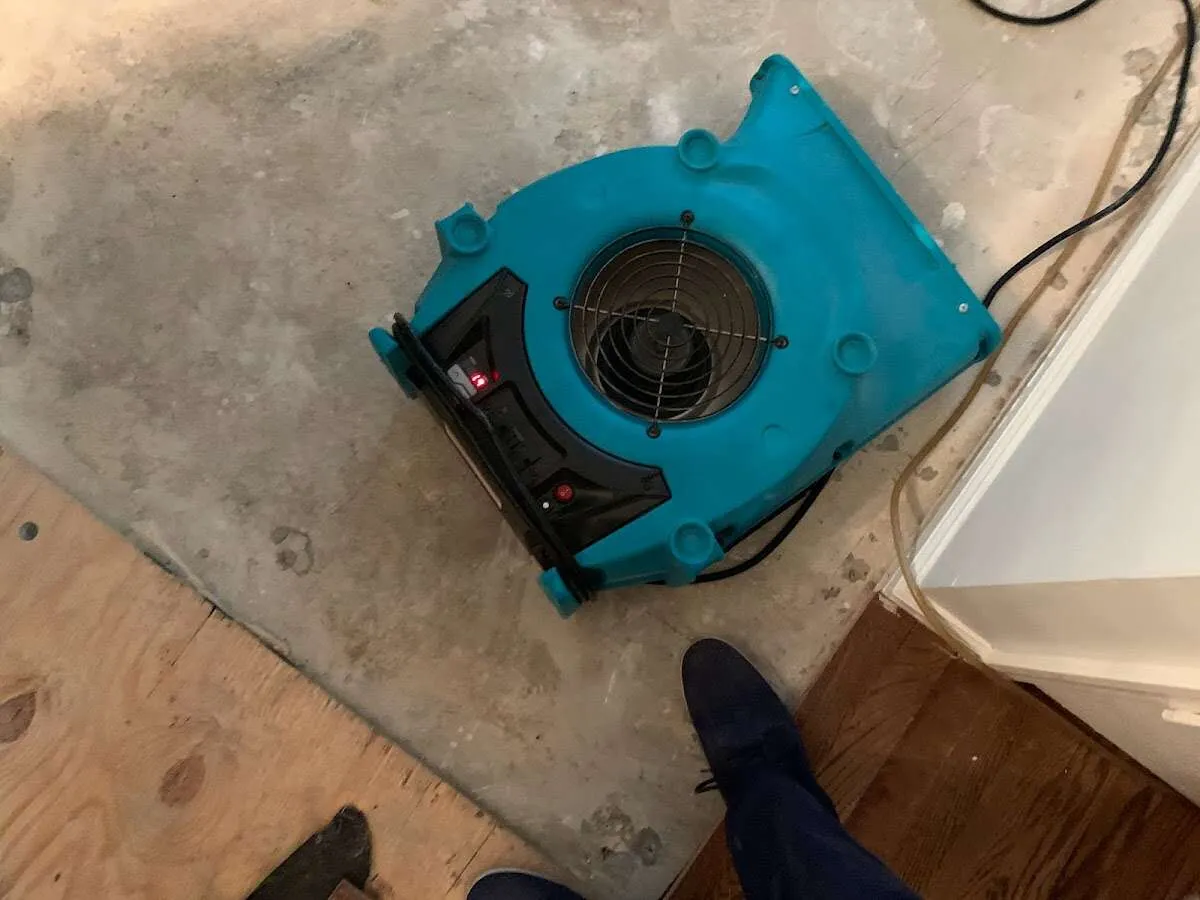 Air mover drying subfloor during Leak Detection & Repair in Fox Point